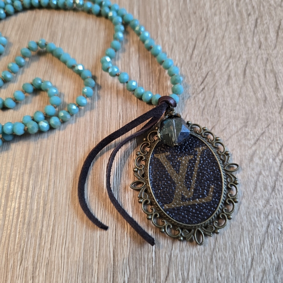 Upcycled Long Turquoise Beaded Necklace W Bronze LV Pendant 36inches - Picture 6 of 10